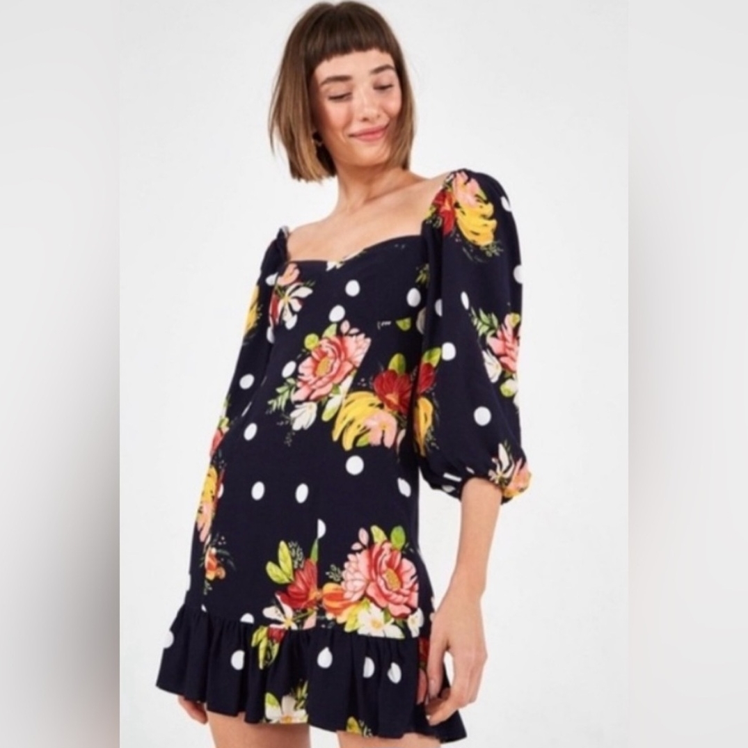 Farm Rio Nanaju Black Floral Polka Dot Mini Dress Xs Summer Vacation Resortwear